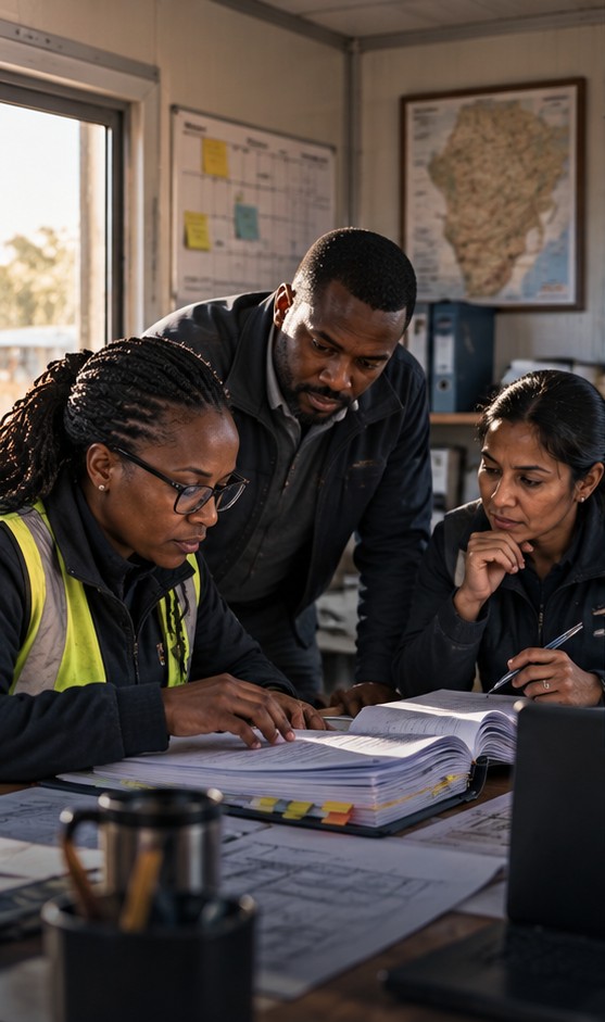 Three colleagues reviewing a tender document together in a site office