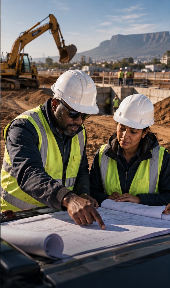Two site staff in hard hats and hi-vis reading drawings at an excavation
