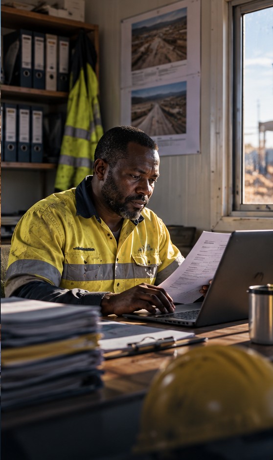 A contractor working through paperwork at a laptop in a site office