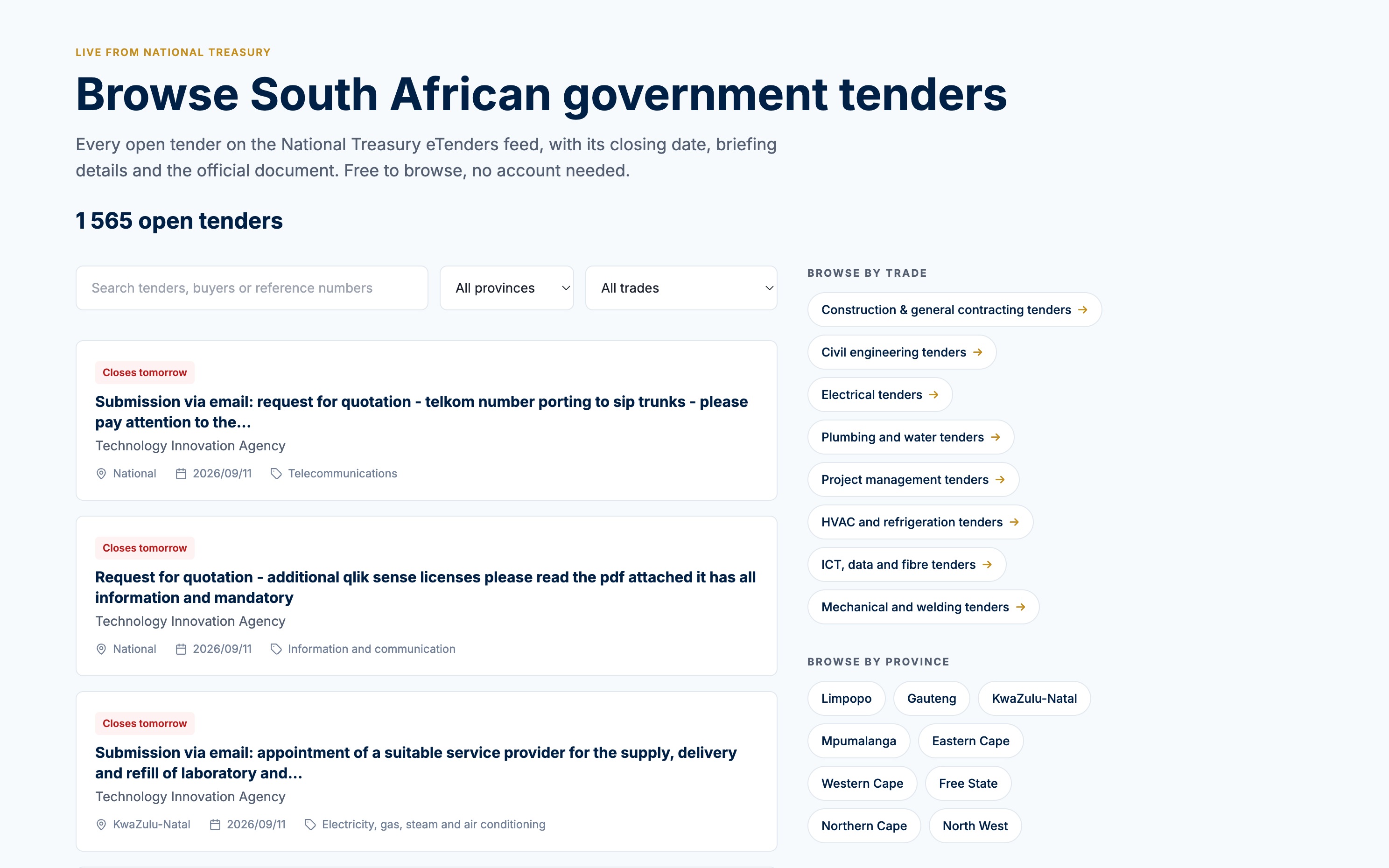 The Industrial Hub tender catalogue showing 1 569 open tenders with search, province and trade filters, closing dates and compulsory briefing dates on each card